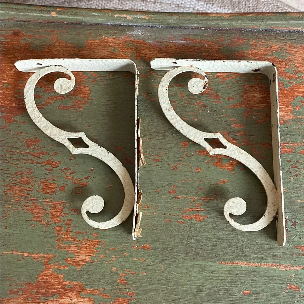 Vintage White Metal Scroll Shelf Brackets Pair Rustic Farmhouse Wall Brackets